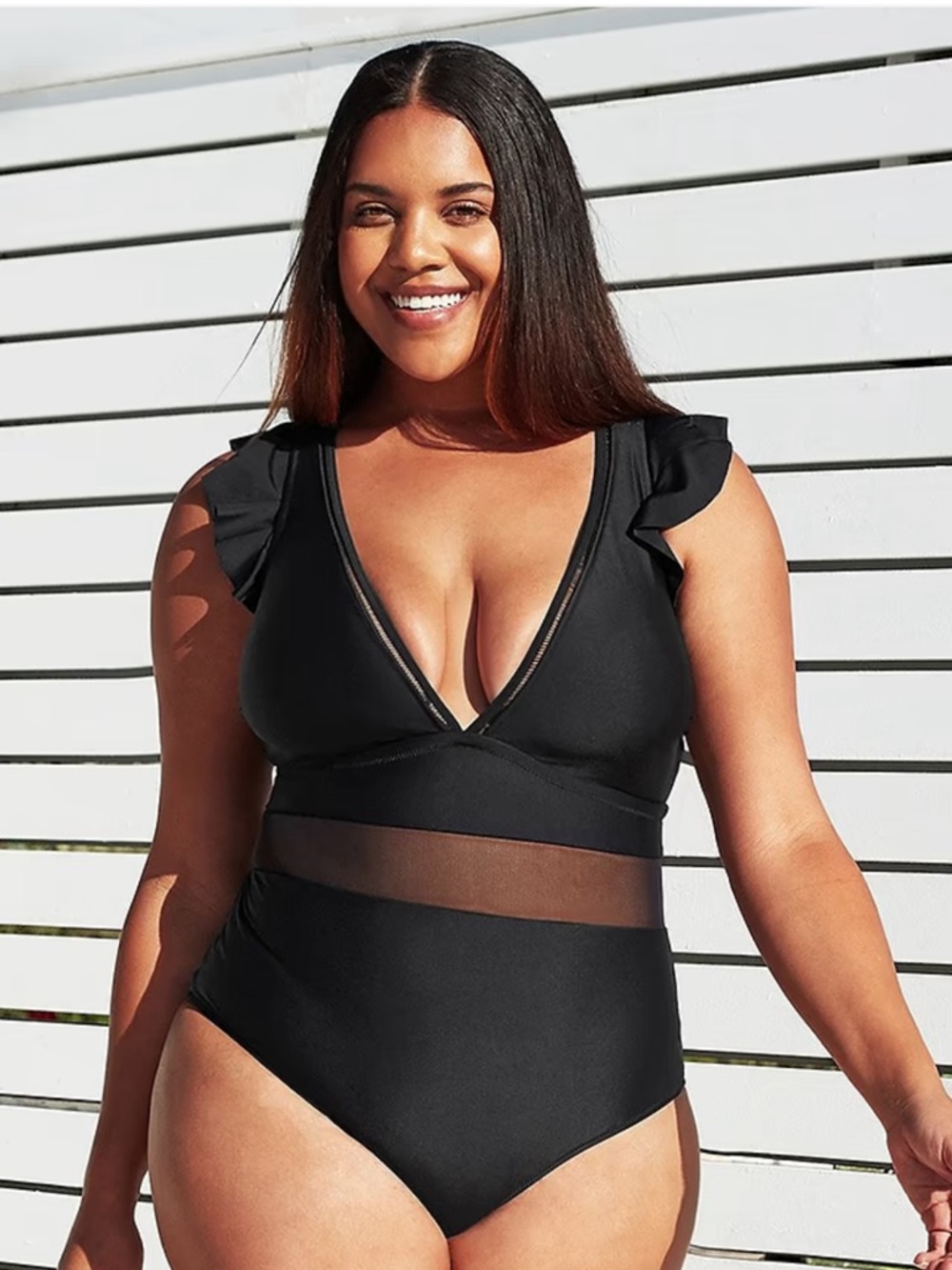 Black Ruffle Strap One-Piece Swimsuit - Picture 7 of 10